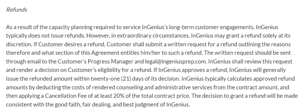 InGenius Prep Refund Policy.